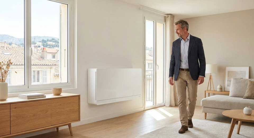 Intérieur résidentiel avec radiateur en fonte blanc monté au mur