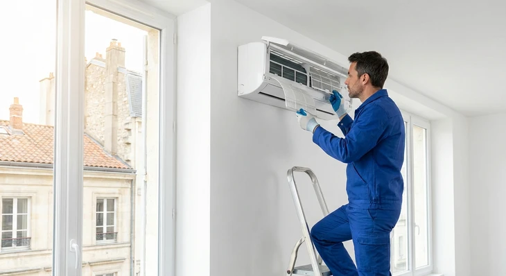 Intérieur résidentiel moderne avec climatiseur mural blanc diffusant de l'air frais