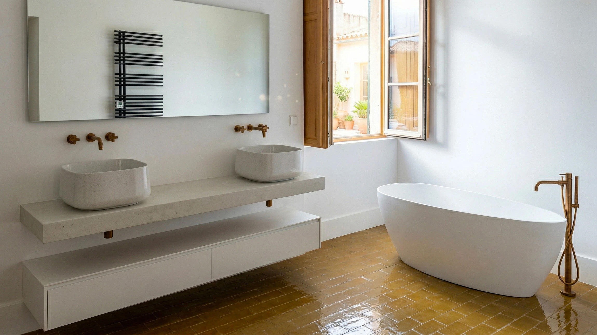 Salle de bain moderne haut de gamme avec douche à l'italienne vitrée, vasque ovale blanche sur plan en bois exotique, robinetterie chromée contemporaine, sèche-serviettes design vertical