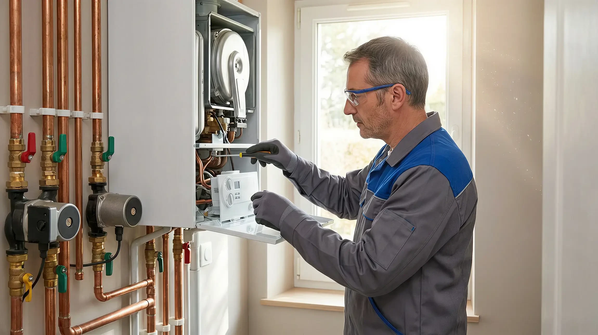 Vue rapprochée d'un technicien chauffagiste en tenue professionnelle effectuant l'entretien d'une chaudière murale moderne (gaz ou PAC) dans une chaufferie domestique, inspectant ou dépoussiérant les composants internes. Le technicien porte des gants et utilise les outils appropriés. L'arrière-plan montre l'installation complète du système, bien éclairé et propre. Image nette et professionnelle reflétant le service d'entretien expert offert par ESGM.