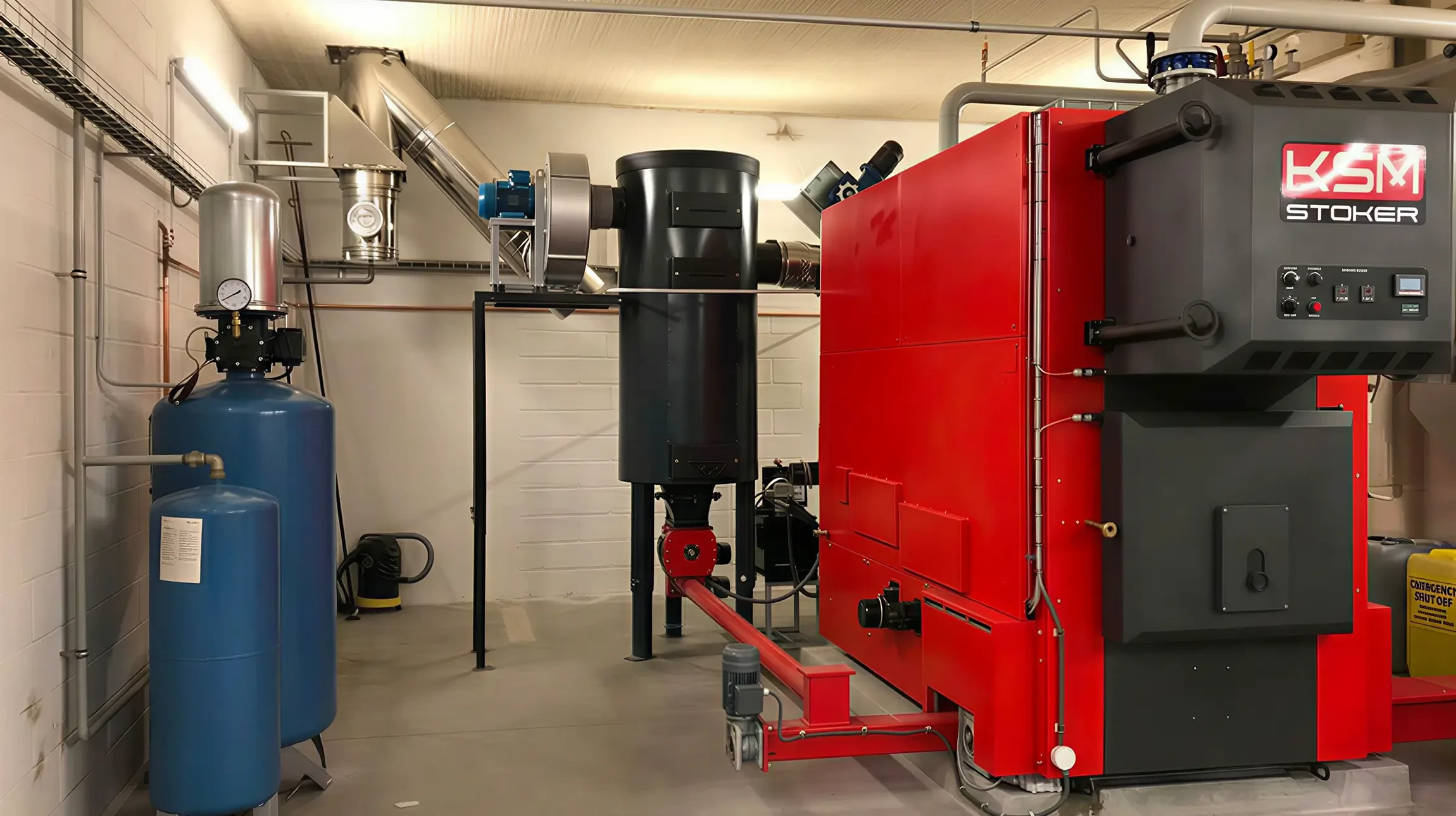 Cave technique moderne avec chaudière murale blanche connectée à un ballon d'eau chaude sanitaire cylindrique